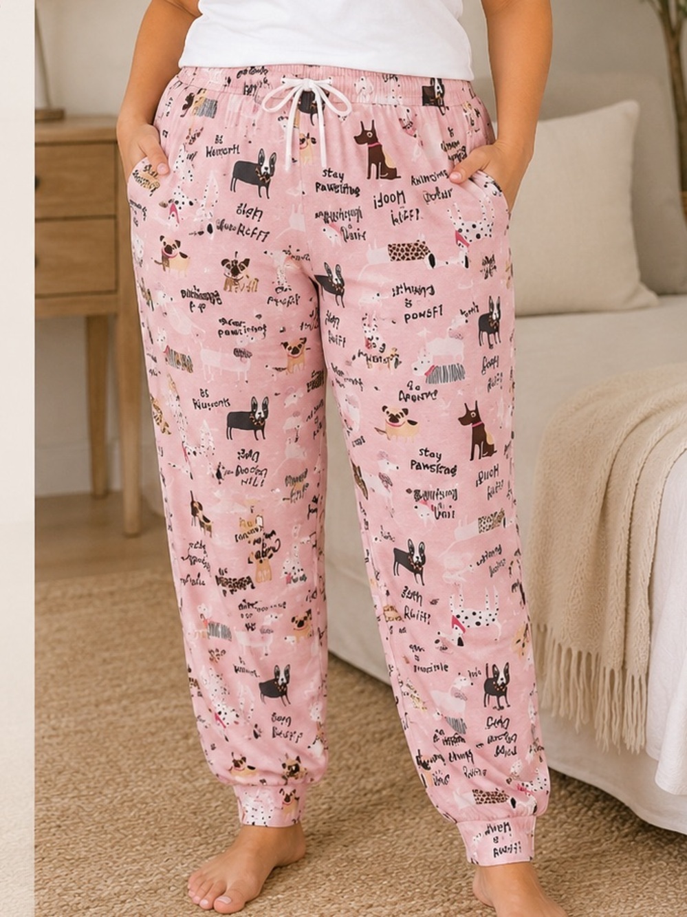 Women’s XL WITH POCKETS Pink Dog-Print Pajama Pants - Cozy Sleep Bottoms